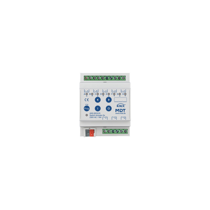 MDT AKK-0816.03 KNX Schaltaktor 8-fach, 4TE REG, 16 A, 230 V AC, Kompakt, 70 µF, 10 EVG