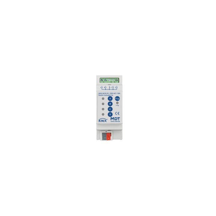 MDT AKK-0416.03 KNX Switch Actuator 4-канальный, 2 SU MDRC, 16 А, 230 В AC, компактный, 70 мкФ, 10 ЭПРА