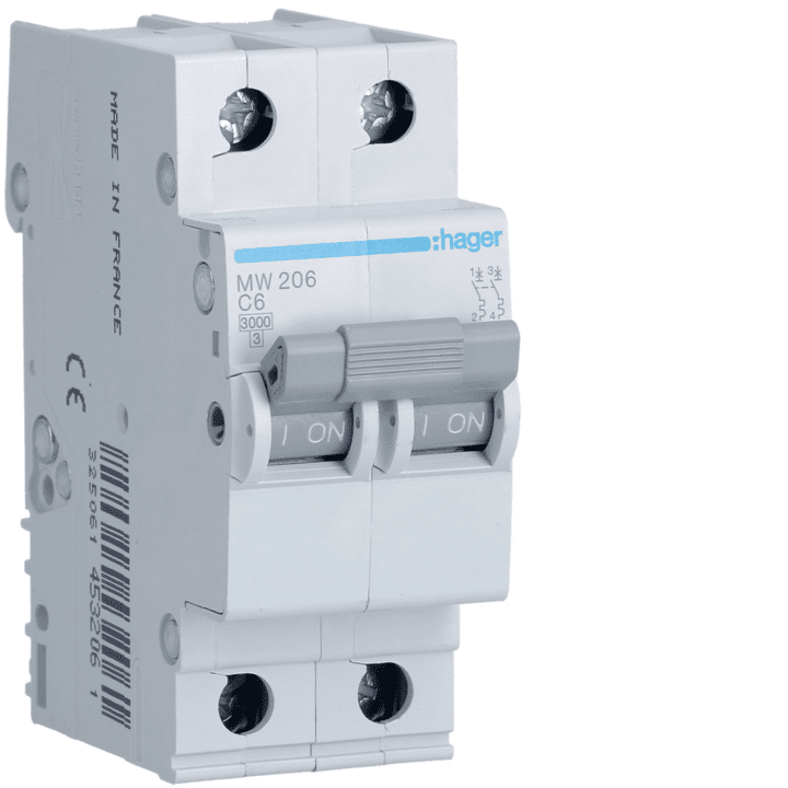 Hager MZ206 MCB 2P 3kA C-6A 2M