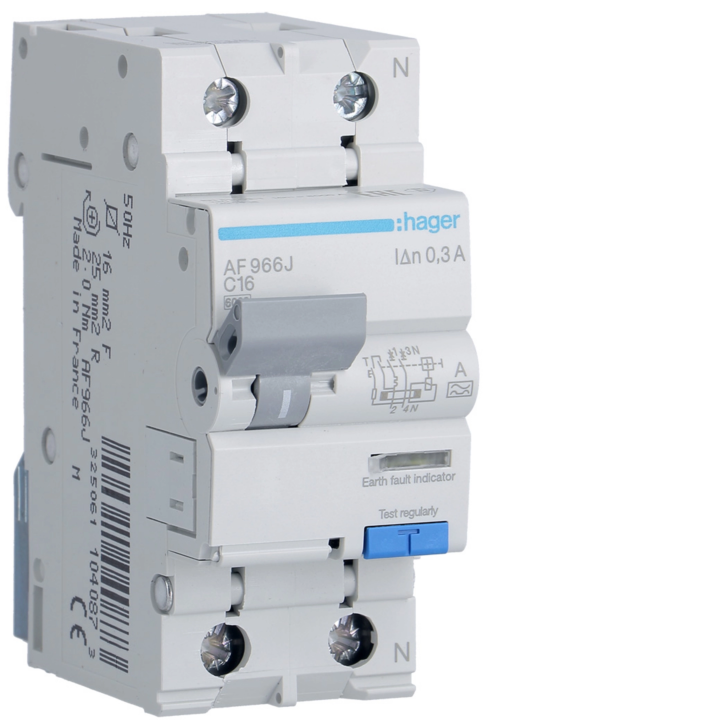 Hager AD966J RCBO 1P+N 6kA C-16A 300mA Type A