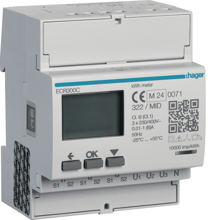 Hager ECR300C 3-Phase kWh Meter via CT 1-5A 4M Modbus MID