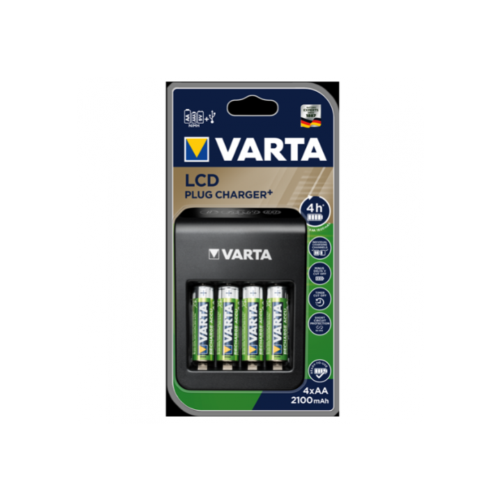Varta LCD-pistiklaadija + 4-pesaline NiMH-laadija koos 4 AA 2100 mAh akuga (57687)