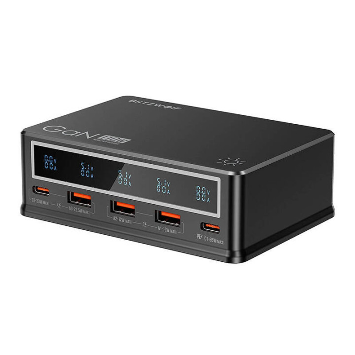 Pöytälaturi Blitzwolf BW-i9 110W PD 3xUSB-A, 2xUSB-C (musta)