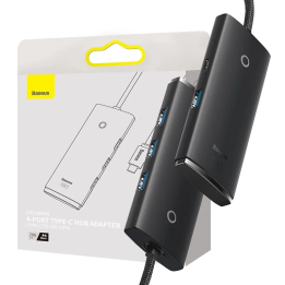 Hub 4in1 Baseus Lite Series USB-C - 4x USB 3.0 + USB-C, 2m (musta)