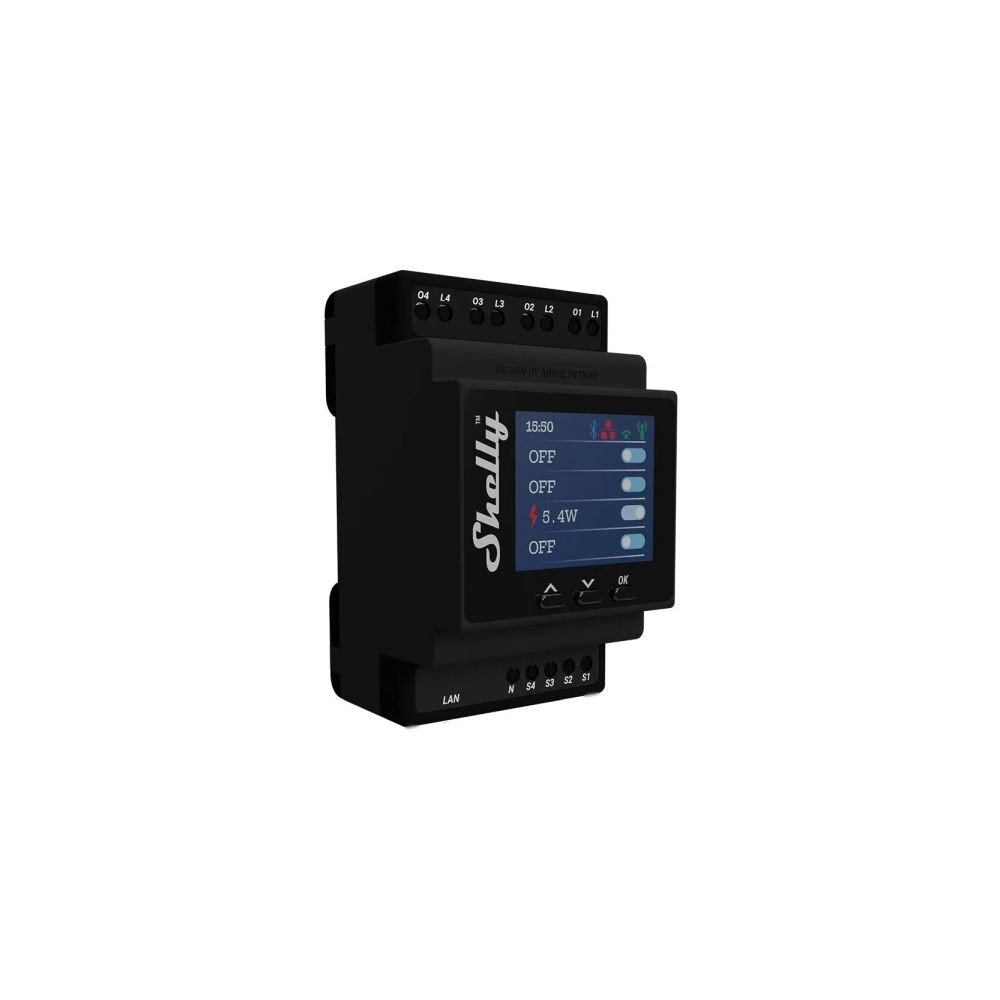 Shelly PRO 4PM WiFi + Ethernet 4 grupiu ismaniosios reles jungiklis su galios matuokliu