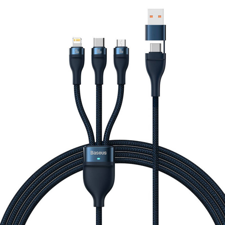3in1 USB kabelis Baseus Flash Series 2, USB-C + micro USB + Lightning, 100W, 1,2m (zils)
