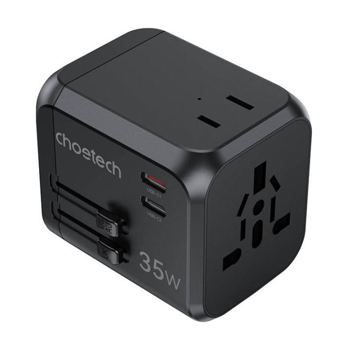 Choetech PD5008 matkalaturi, 3xUSB-A, 2xUSB-C, GaN, 35W, US/EU/UK/AU (musta)
