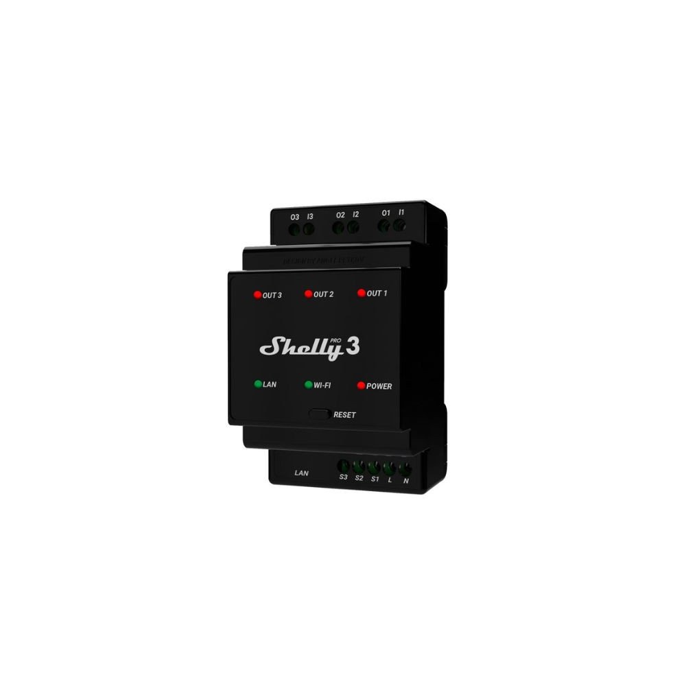 Shelly PRO 3 WiFi + Ethernet 3-gang smart relay switch with DIN-rail support