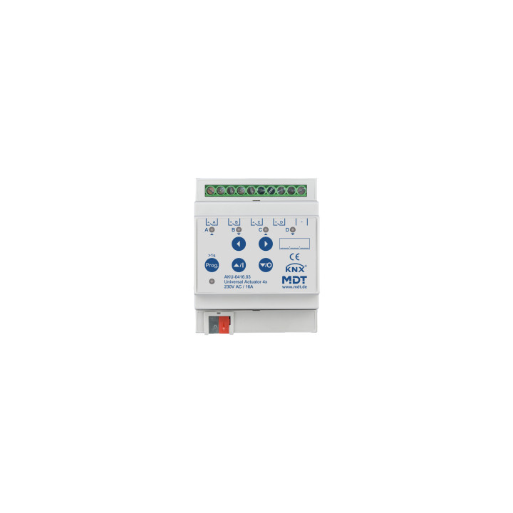 MDT AKU-0416.03 KNX Universalaktor 4-fach, 4TE REG, 16 A, 230 V vahelduvvool, 100 µF, 15 EVG