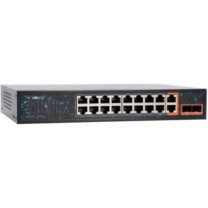 VidiLine VIDI-F1622GBL 16-Port PoE Switch with 2x RJ45 Uplink and 2x SFP, 240W