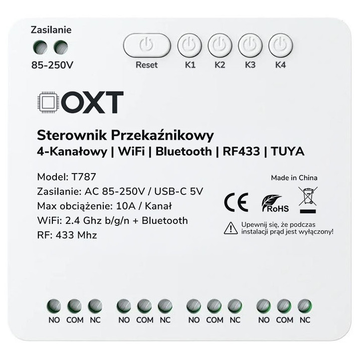 4-kanavainen 10A releohjain NO/NC/COM WiFi Bluetooth RF 433 Tuya