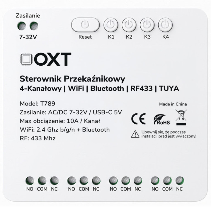 4 kanalų relės valdiklis 10A 7-32V NO/NC/COM WiFi BT RF433 Tuya