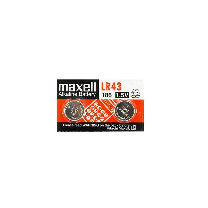 Maxell LR43 / 186 / KA43 1,5V 55mAh 0% Hg Alkaliparistot valmistettu Japanissa, 2 kpl. (Viimeinen voimassaolopäivä 2026-06)