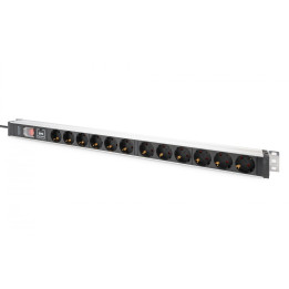DIGITUS DN-95435 1U alumīnija PDU, 12x Schuko 16A, 230V, statīva barošanas sadalītājs ar pārsprieguma aizsardzību un slēdzi