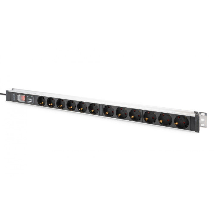 DIGITUS DN-95435 1U alumīnija PDU, 12x Schuko 16A, 230V, statīva barošanas sadalītājs ar pārsprieguma aizsardzību un slēdzi