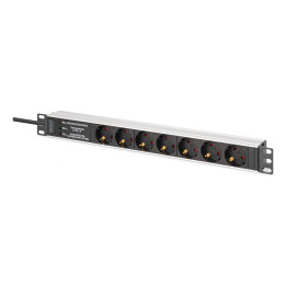 Удлинитель стойки PDU 19 дюймов с защитой от перенапряжения + фильтр EMI/RFI, 7 розеток Schuko CEE 7/3 (45°), кабель 2 м, вилка 