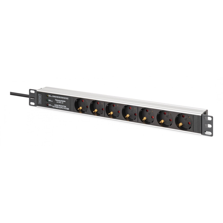 PDU Rack Power Strip 19" liigpingekaitsega + EMI/RFI filter, 7 Schuko CEE 7/3 (45°) pistikupesa, 2m kaabel, Unischuko CEE 7/7 pi