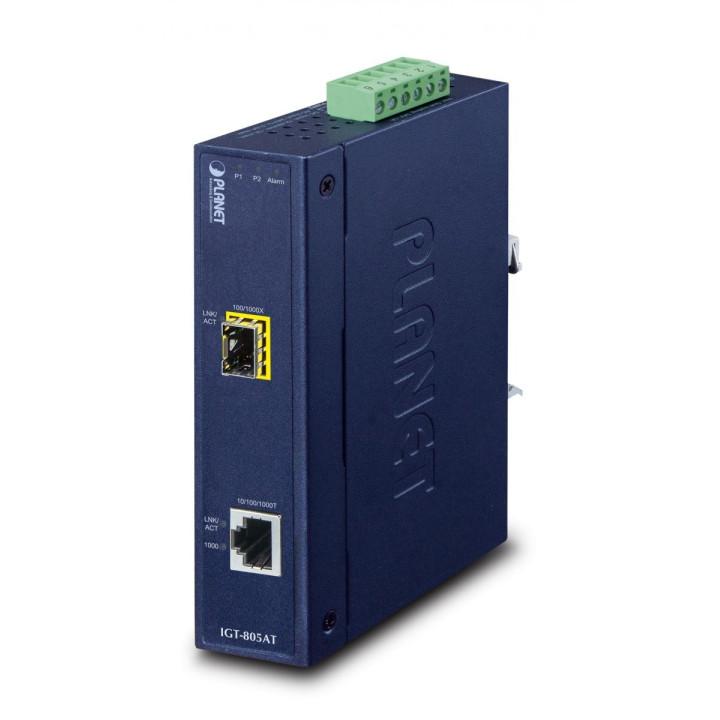 PLANET IGT-805AT Industriālais Gigabitu mediju pārveidotājs, 10/100/1000T uz 100/1000X SFP, -40~75°C, Divkāršs 12~48V DC / 24V A