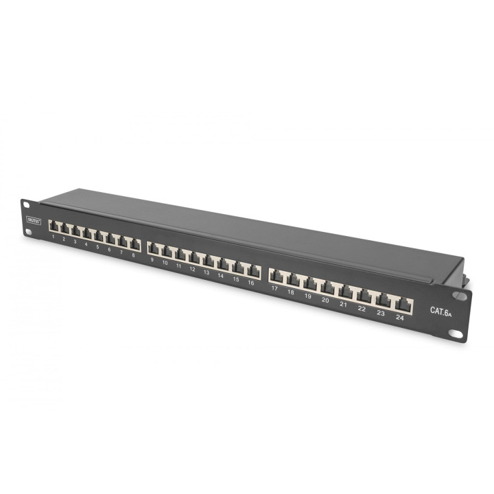 DIGITUS CAT 6A savienojumu panelis, ekranēts, 1U, 24 porti, RJ-45, melns RAL 9005, DN-91624S-EA-B