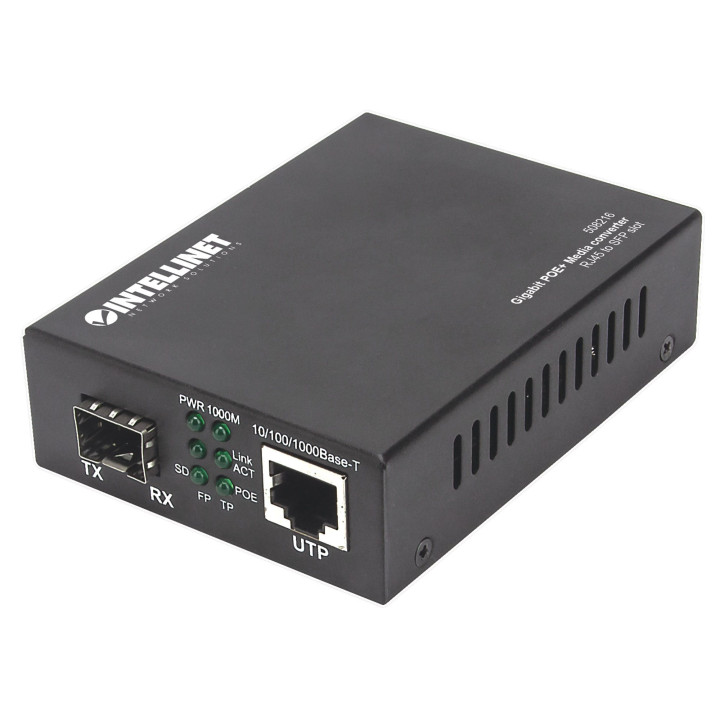 Intellinet 508216 Media Konwerter Gigabit 1000Base-T RJ45 su lizdu SFP, purkštukas PoE+