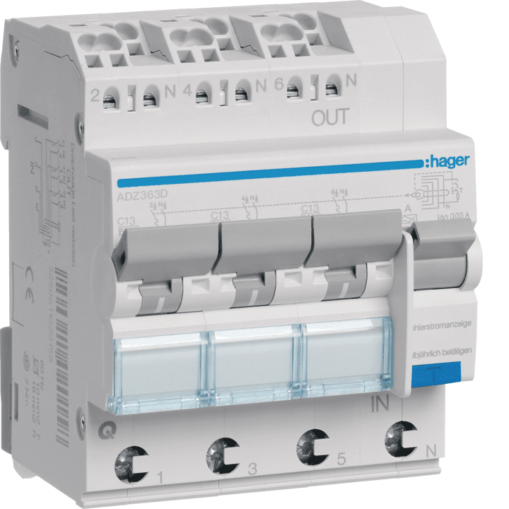 Автоматический выключатель Hager ADZ363D RCBO, 3X1P+N, 13A, C, 30mA, Type A, 6kA