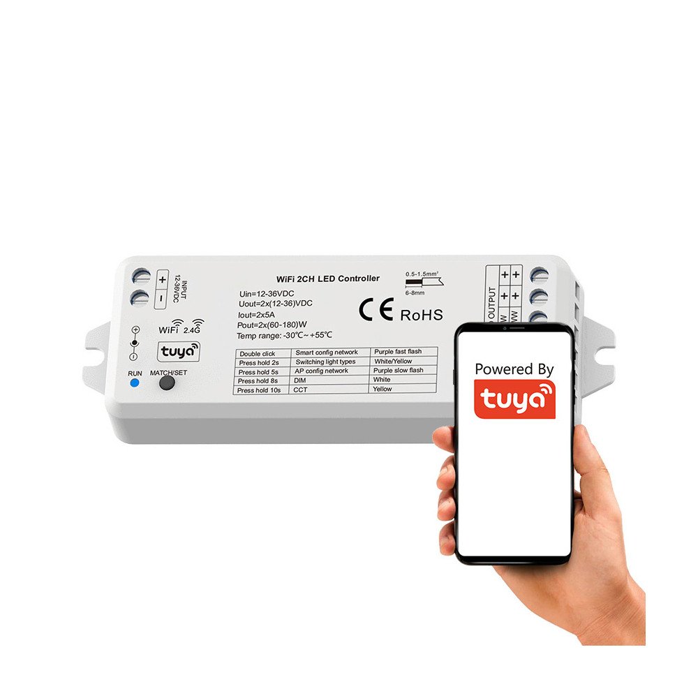 MONO CCT LED valdiklis 2*5A 12-36V jungiklis SD serija WiFi+RF TUYA