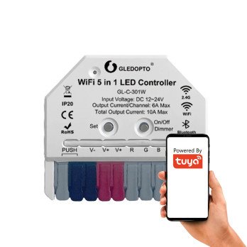 MINI 5 viename valdiklis RGB CCT LED juostoms, WIFI reguliatorius TUYA