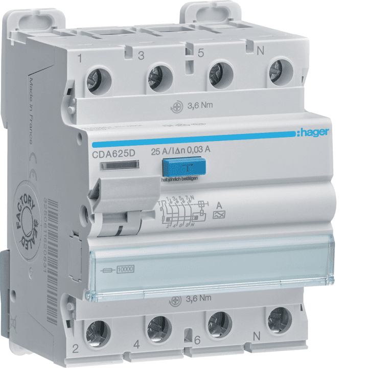 Hager CDA625D RCCB 3P+N 25A 30mA Type A