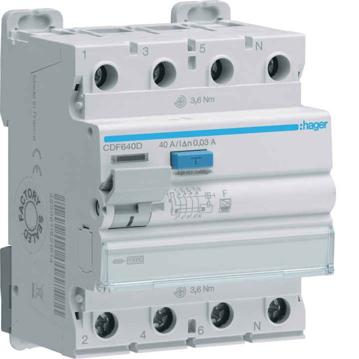 Hager CDF640D RCCB 3P+N 40A 30mA Type F