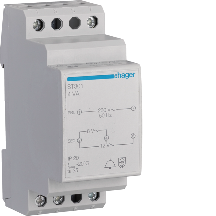 Сигнальный трансформатор Hager ST301, 4VA, 230V до 8-12V