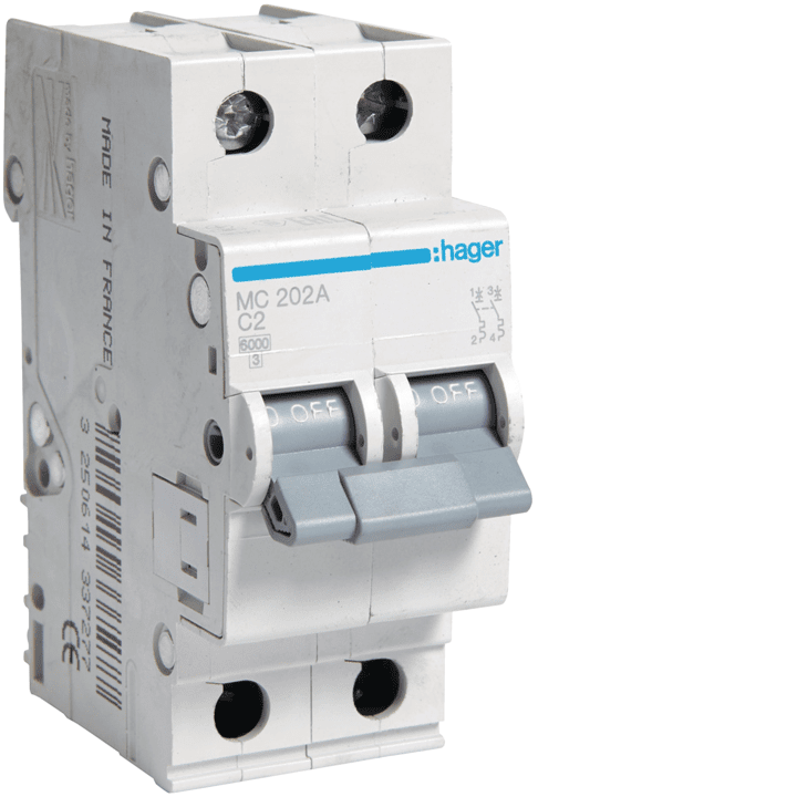 Hager MZ202 miniatūras ķēdes pārtraucējs 2P, 6kA, C-Curve, 2A
