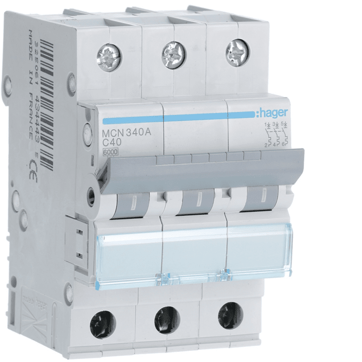 Автоматический выключатель (миниатюрный) Hager MCN340, 3P, 6kA, C-Curve, 40A