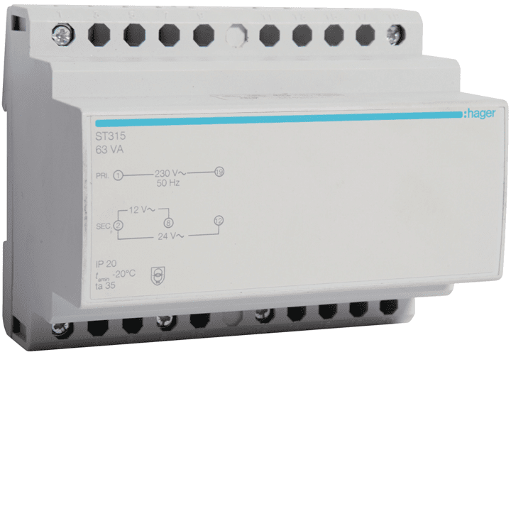 Трансформатор Hager ST315, безопасный, 63VA, 230V до 12-24V
