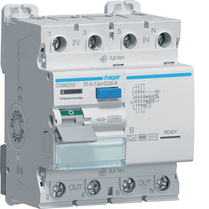 Устройство защиты Hager CDB625E, УЗО, 3P+N 25A 30mA Тип AC