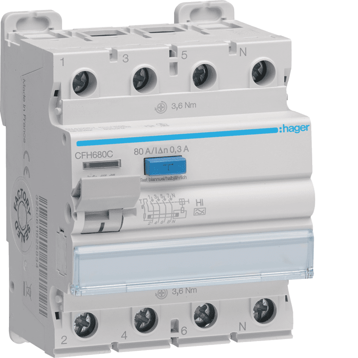 Устройство защитного отключения (УЗО) Hager CFA680C, 3P+N, 80A, 300mA, Type A Selective