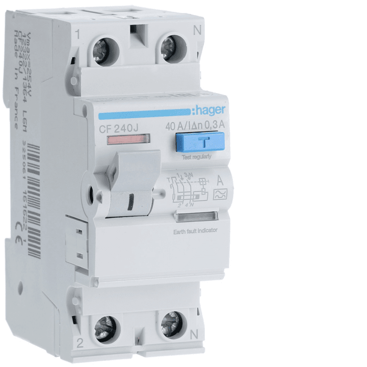 УЗО Hager CF240J, 2P, 40A, 300mA, Тип А