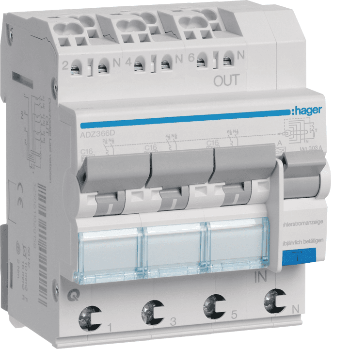 Hager ADZ366D RCBO 3X1P+N 6kA C-16A 30mA A tipas