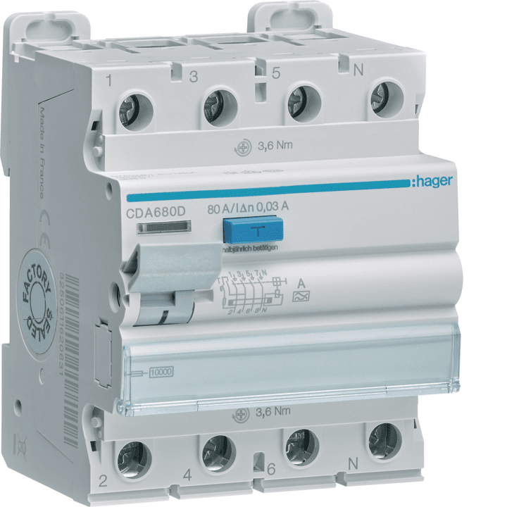 Устройство защитного отключения Hager CDA640D RCCB, 3P+N, 80A, 30mA, Тип A
