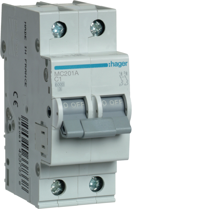 Hager MZ201 MCB 2P 6kA C-1A 2M