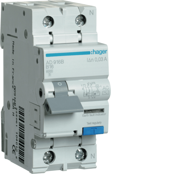 Автоматический выключатель Hager AD916J RCBO, 1P+N, 6kA, B-16A, 30mA AC