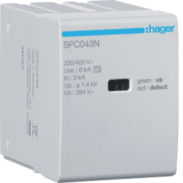 Hager SPC043N Type 3 N-PE ylijännitesuojakasetti, Uc 264V, In 3kA