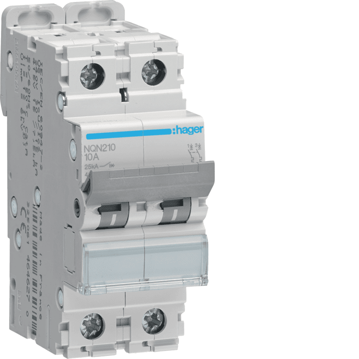 Автоматический выключатель Hager NQN210 MCB, 2P, 10A, кривая B, 25kA
