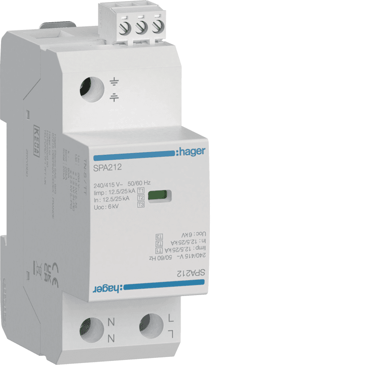 Hager SPA212 ylijännitesuojalaite (SPD) tyyppi 1+2+3 2P 12.5kA TN-S/TT