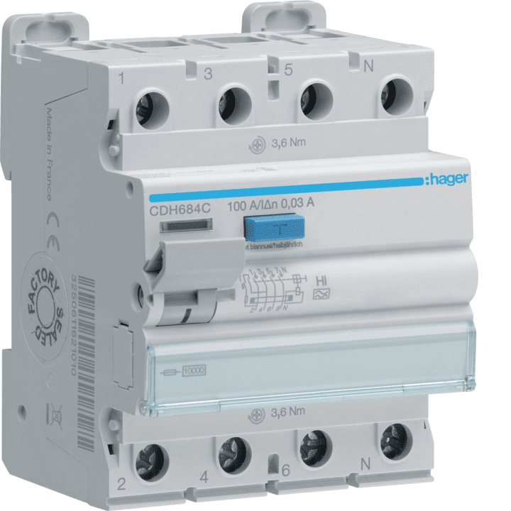 Устройство защитного отключения Hager CDA684C RCCB, 3P+N, 100A, 30mA Type A HI