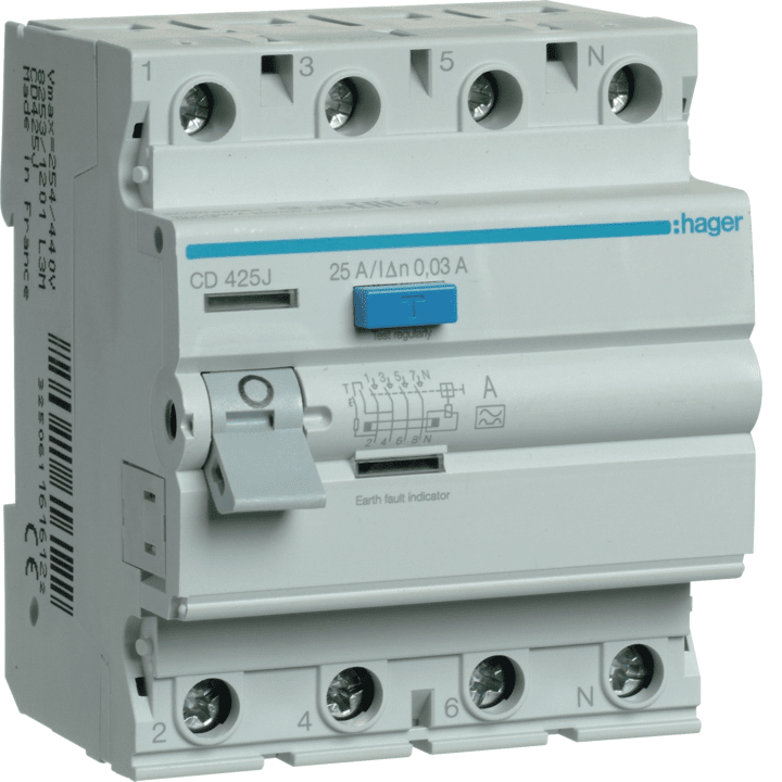 Устройство защитного отключения Hager CD425J, RCCB, 4P, 25А, 30мА, Тип А