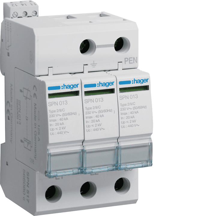Hager SPB517 ylijännitesuoja 3P 40kA Type 2 IT FM