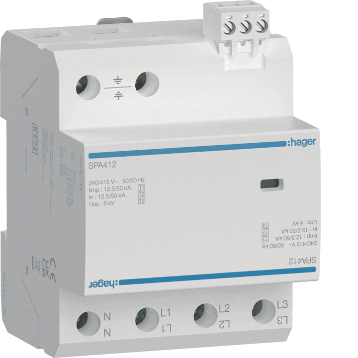Hager SPA312 ylijännitesuoja SPD tyyppi 1+2+3 4P 12.5kA TN-S/TT