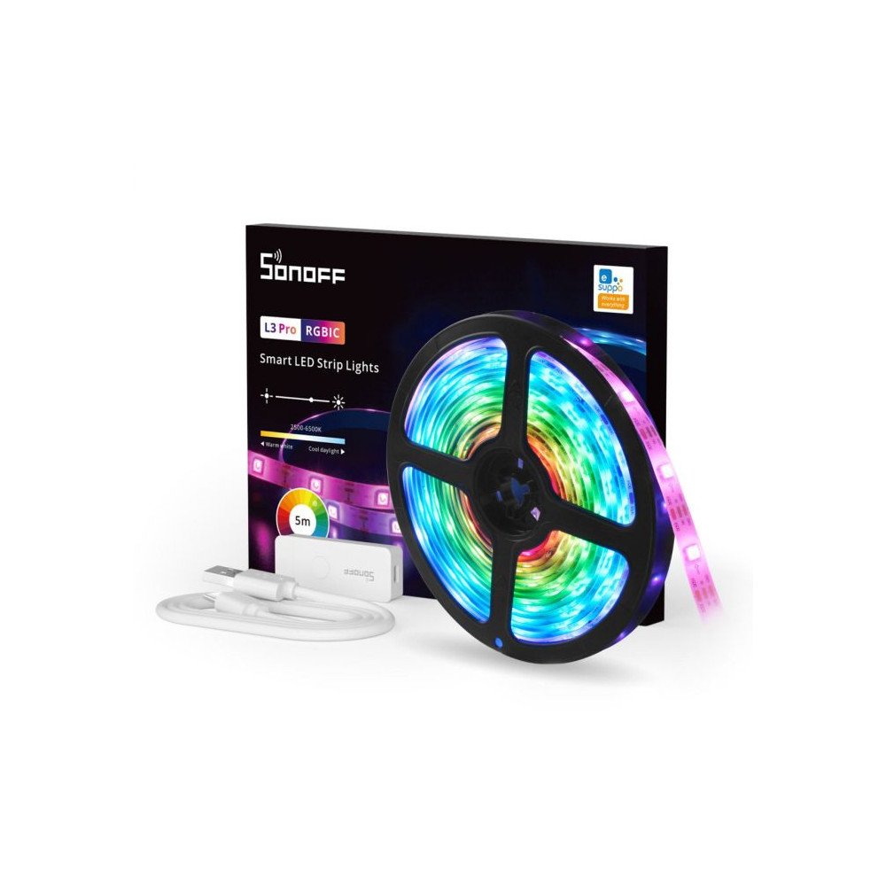 Sonoff L3 Pro RGBIC Smart LED Strip Light komplekts (WiFi + Bluetooth viedais kontrolieris + 5 metri RGBIC LED sloksne)