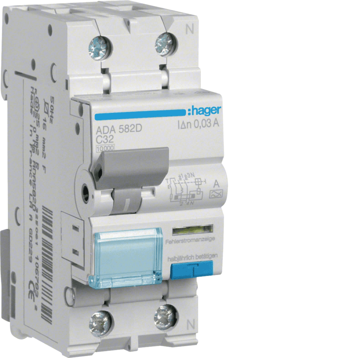 Hager ADA532D RCBO 1P+N 10kA B-32A 30mA A tipas
