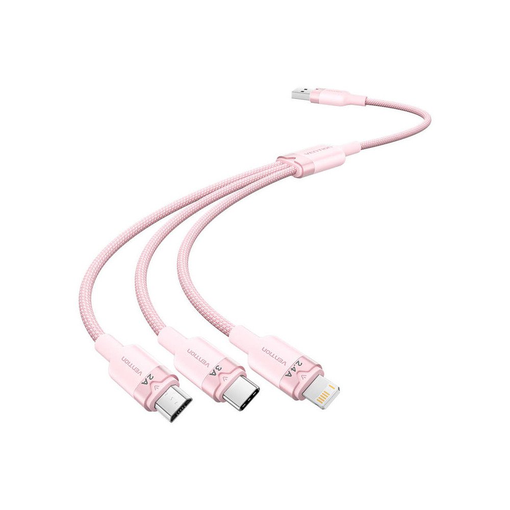 USB 2.0 A lidz 3in1 3A kabelis Vention CTPPG 1.5M (roza)